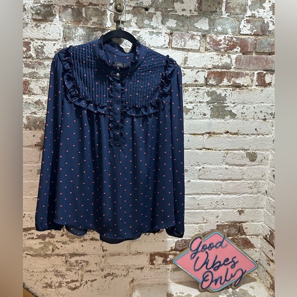 J. Crew Tops - COPY - J. Crew Navy Blue Long Sleeved Blouse with Red Hearts. Size XL.